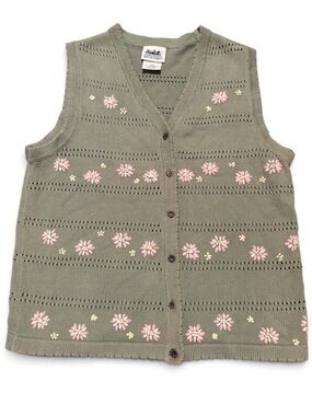 Vintage Northern Reflections Olive Green Knit Vest with Pink Flower Embroidery